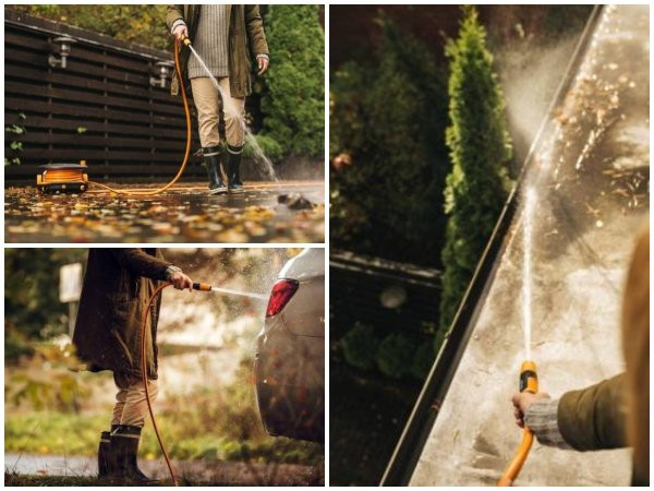 Czyszczenie sprzętu ogrodowego jesień w ogrodzie z wężem w akcji, fot. mat. prasowe Fiskars