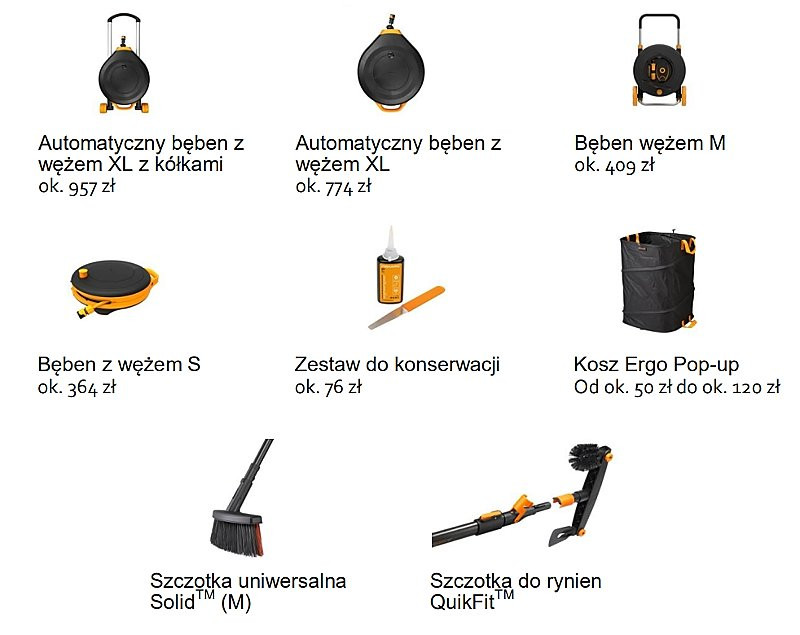 Zdjęcia produktowe i orientacyjne ceny detaliczne Bębny z wężem i narzędzia do rynien Fiskars