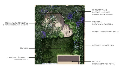 Projekt ogrodu z okrągłym tarasem | Intymny zakątek wśród miejskiego zgiełku