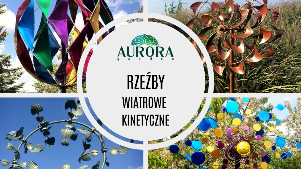 rzeźby wiatrowe kinetyczne w ogrodzie na tle roślin od Aurora garden