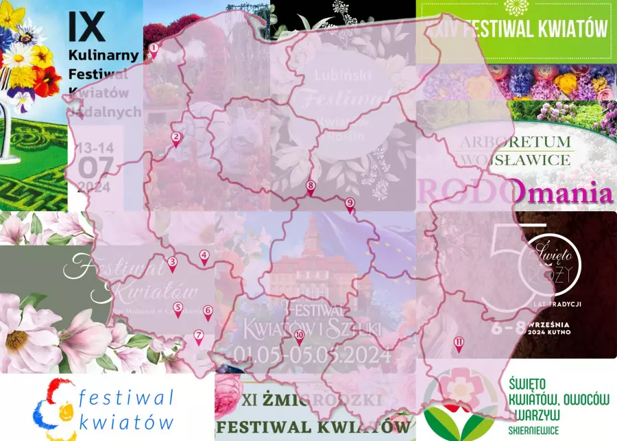 Festiwale kwiatów w 2024 roku w Polsce - lokalizacja festiwali na mapie Polski