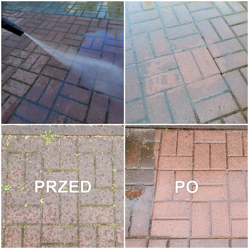 Czyszczenie myjką wysokociśnieniową betonowej nawierzchni z kostki brukowej. Efekt: przed i po.