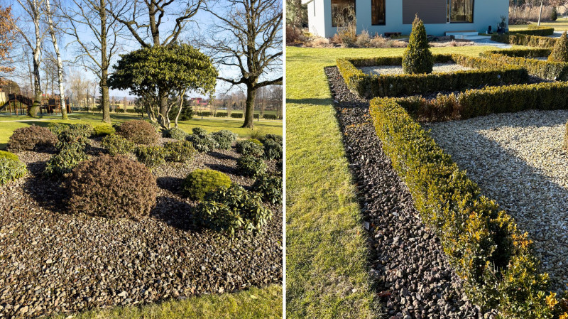 Lawa wulkaniczna doskonale sprawdza się zarówno w naturalnych nasadzeniach parkowych, jak i w geometrycznych kompozycjach przy żywopłotach, nadając ogrodom uporządkowany i elegancki charakter.