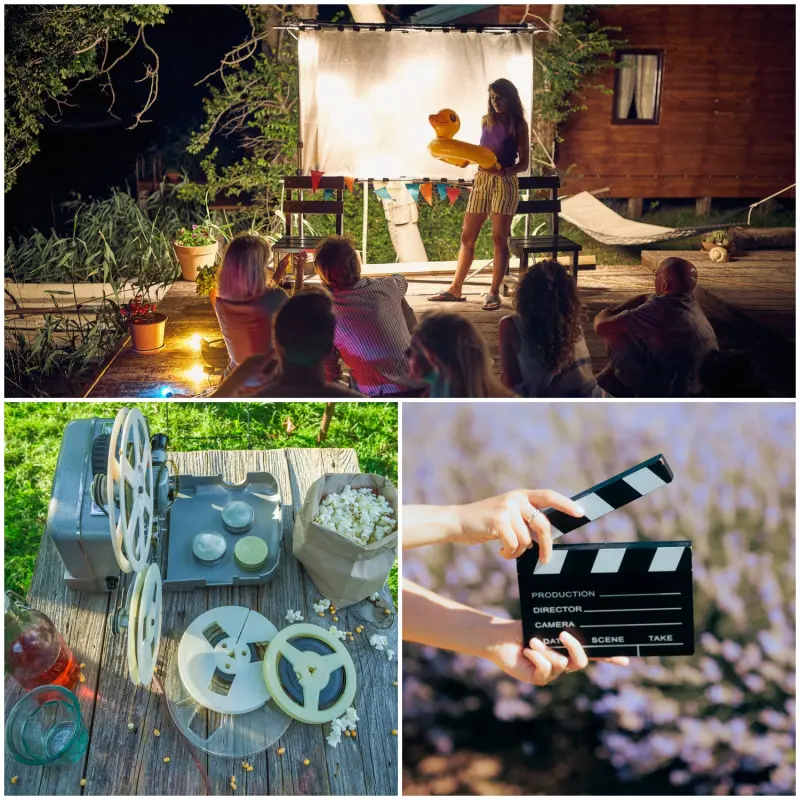 Oświetlenie, dekoracje w stylu retro i filmowy klaps w ogrodowym kinie
