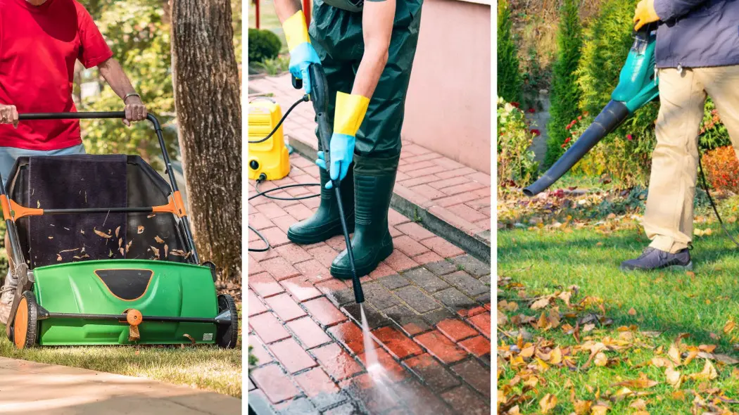 Urządzenia mechaniczne do jesiennych porządków dmuchawy, zamiatarki i myjki