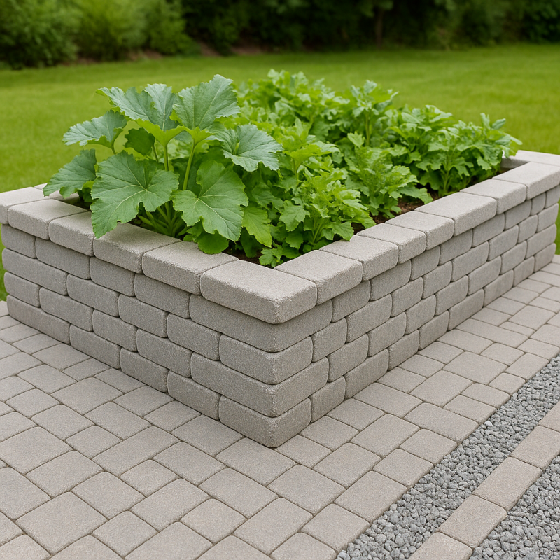 Podwyższona grządka warzywna zbudowana z kostki brukowej na tarasie – murek z kostki i rosnące cukinie, nowoczesny ogród.