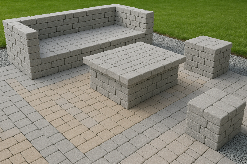 Meble ogrodowe z kostki brukowej: ławka, stół i siedziska na tarasie z kostki – trwała aranżacja strefy wypoczynku