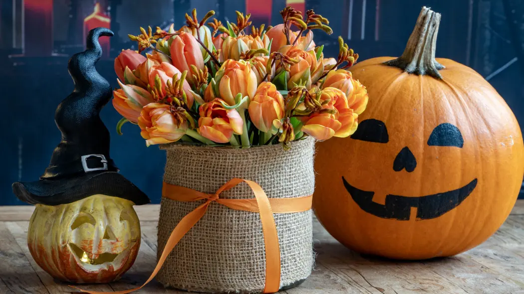 Bukiet tulipanów w klimatycznej oprawie z dynią i czarodziejskim kapeluszem to dowód, że Halloween nie musi być tylko czarne i pomarańczowe – może być też kwitnące!