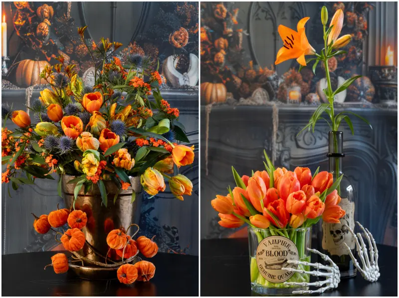 Halloweenowe kompozycje kwiatowe z tulipanami i lilią w klimatycznych wazonach
