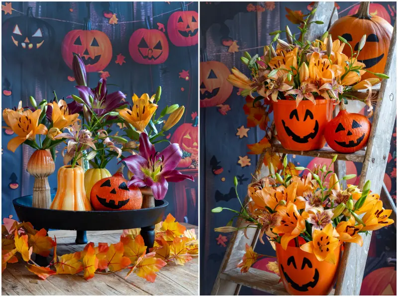 Lilie w jesiennej aranżacji z dyniami i kolorowymi liśćmi na Halloween