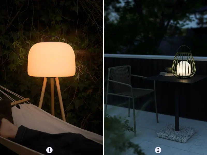Mobilne lampy ogrodowe LED – Kettle na statywie i Jim To Go w formie latarenki, idealne do tarasu i ogrodu