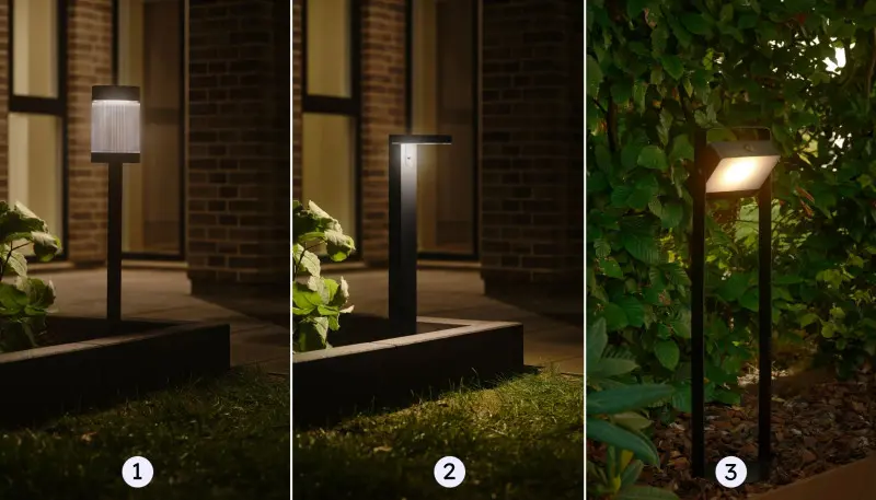 Nowoczesne lampy solarne LED do ogrodu – trzy modele słupków świetlnych