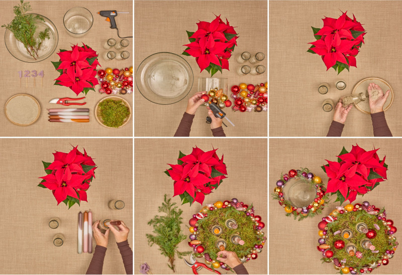 Adwentowa aranżacja DIY w stylu retro z doniczkowymi poinsecjami - krok po kroku