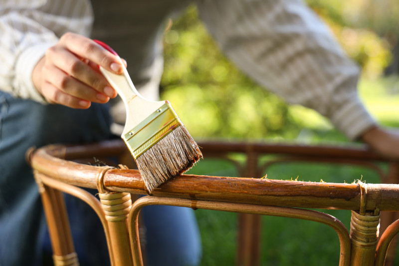 Malowanie mebli rattanowych pędzlem – renowacja rattanu, cienkie warstwy, jak malować plecionkę cane bez zatykania splotu.