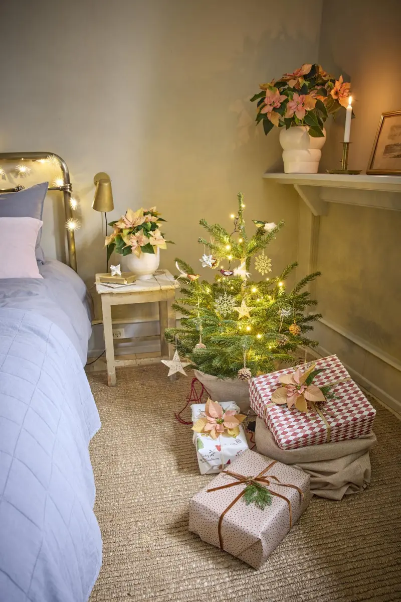 Świąteczna sypialnia z choinką, prezentami i pastelowymi poinsecjami w donicach jako dekoracja wnętrza