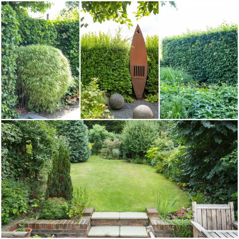 Pnącza i krzewy na rabatach przy płocie w ogrodzie