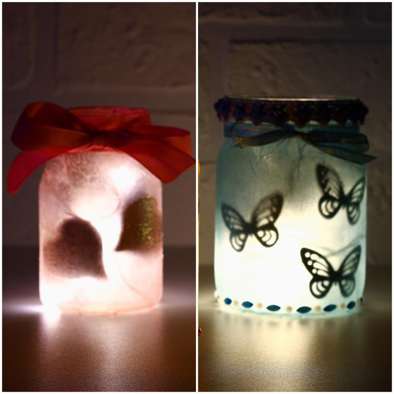 Lampion ze słoika z liśćmi i z motylami