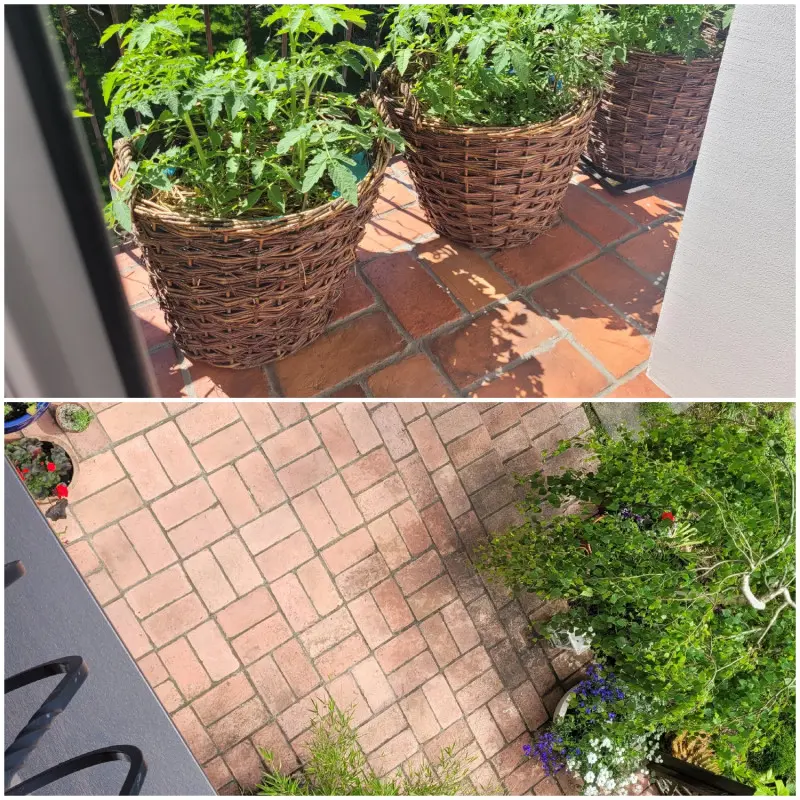 Balkon i taras wyłożony cementową płytką à la stara cegła