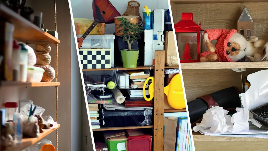 Zestaw trzech ujęć przedstawiających zagracone półki pełne przypadkowych przedmiotów, dekoracji, papierów i drobiazgów, pokazujący problem nadmiaru rzeczy i wizualnego chaosu w domowych przestrzeniach.
