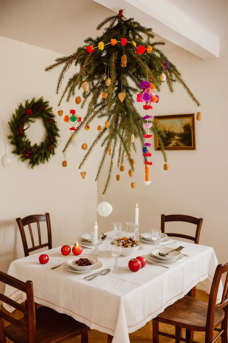 Podłaźniczka z gałązek świerku zawieszona nad stołem wigilijnym w polskim mieszkaniu – tradycyjna dekoracja na Święta Bożego Narodzenia.