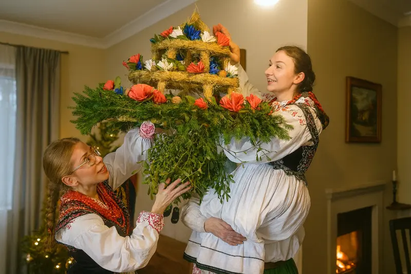 Kobiety w strojach ludowych wieszają słomianą podłaźniczkę z gałązkami i kwiatami – tradycyjna słowiańska dekoracja świąteczna na Boże Narodzenie.