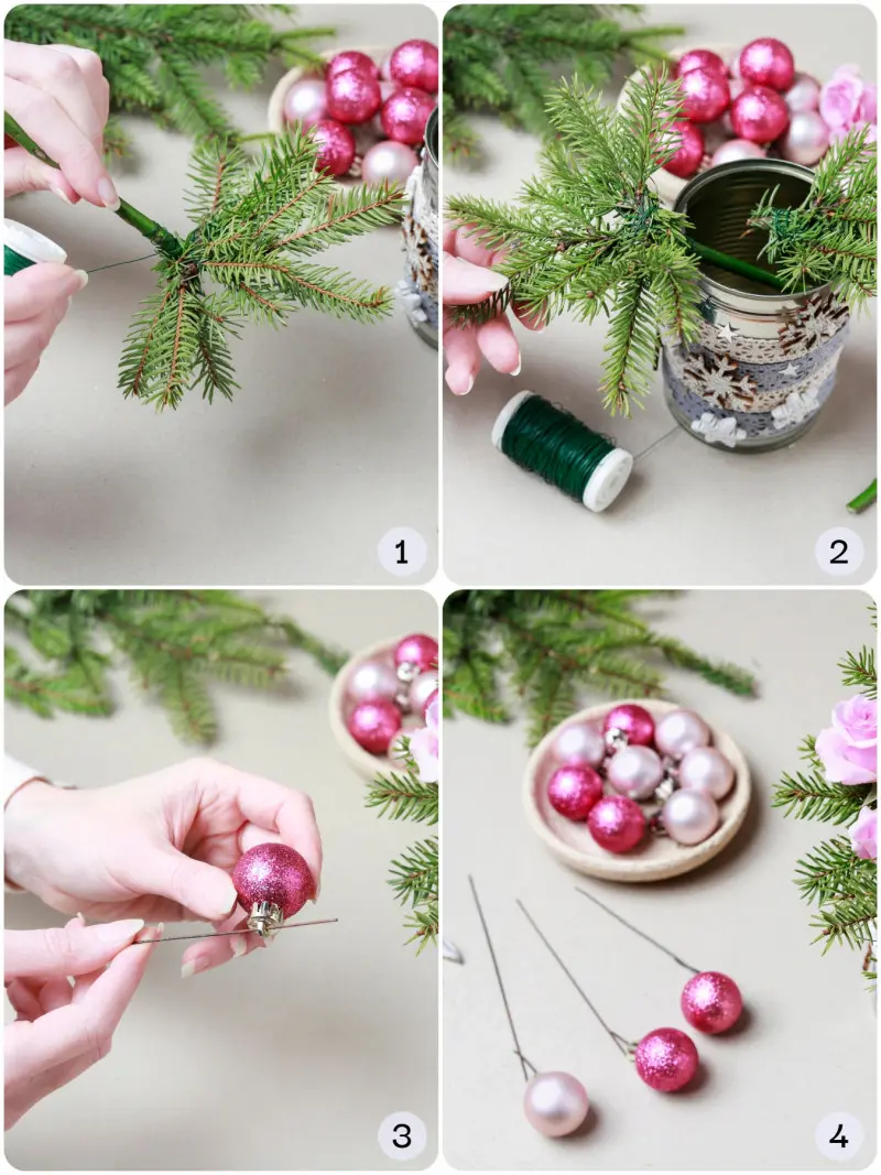 Świąteczny stroik z puszki – krok po kroku wiązanie gałązek iglaka drutem i wkładanie ich do ozdobnej puszki