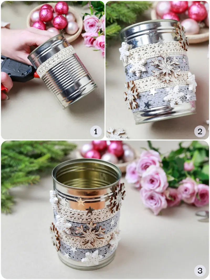 Ozdabianie metalowej puszki koronką i śnieżynkami – przygotowanie bazy pod świąteczny stroik DIY z iglakami i różami