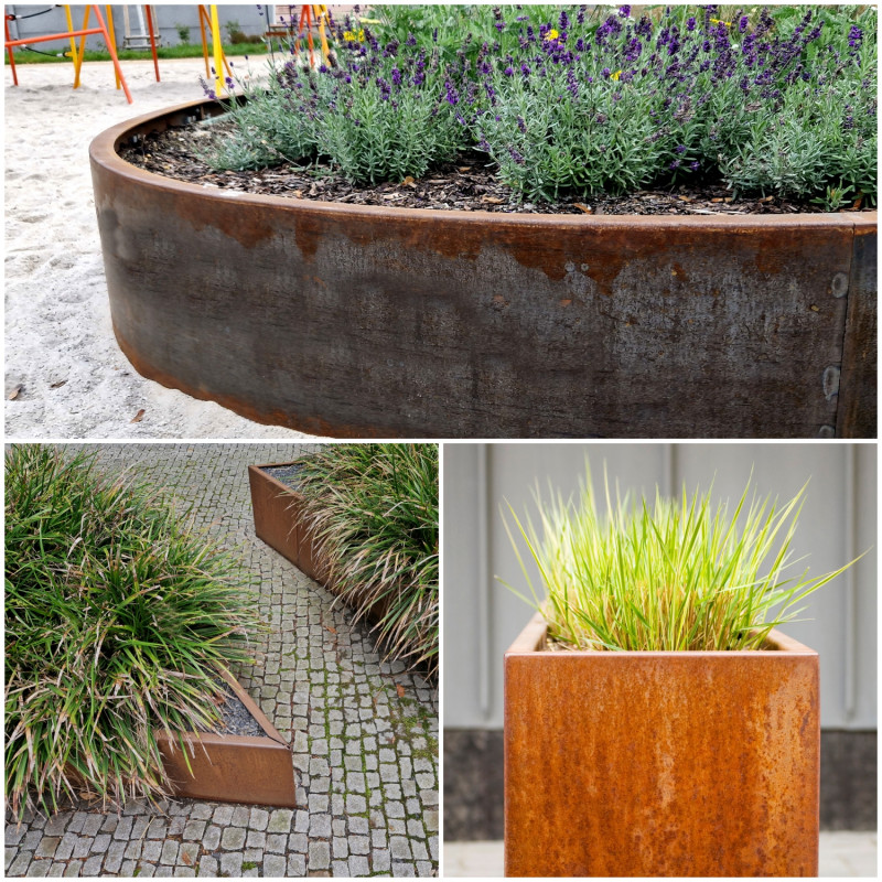 Nowoczesne donice z cortenu z różnymi nasadzeniami