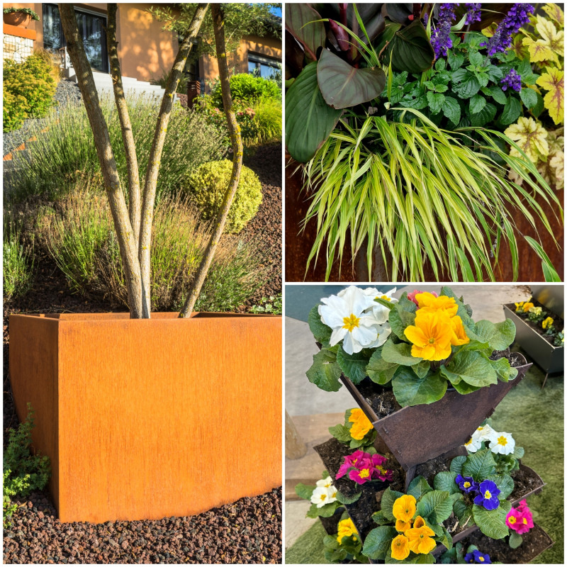 Donice z cortenu z krzewami, bylinami i kwiatami sezonowymi