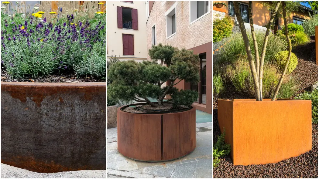 Donice ze stali corten w różnych kolorach, prostokątne i sześcienne. Obsadzone lawendą oraz krzewami iglastymi.