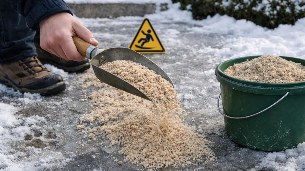 Posypywanie piaskiem lodu na chodniku