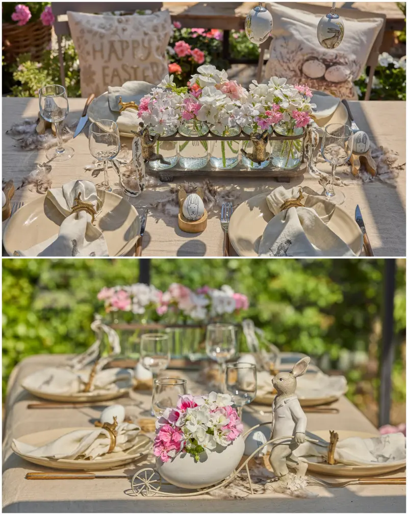 Wielkanocny stół z pelargoniami w stylu rustykalnym i vintage
