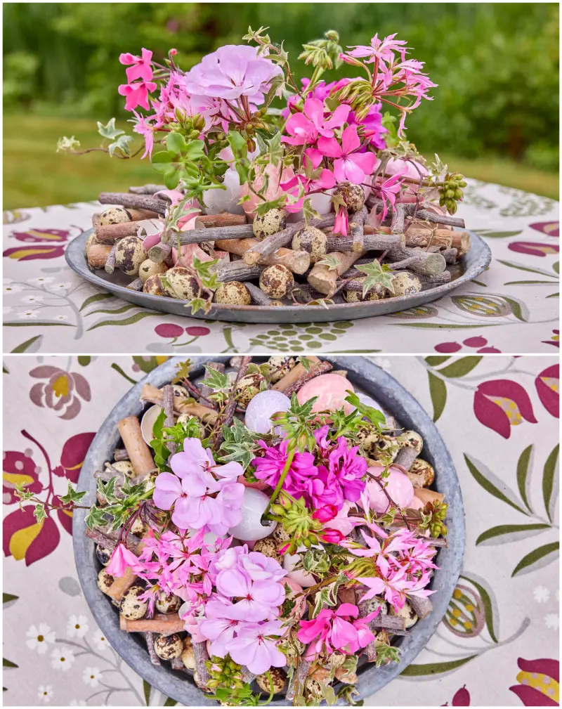 Wazoniki ze skorupek jajek wypełnione pelargoniami