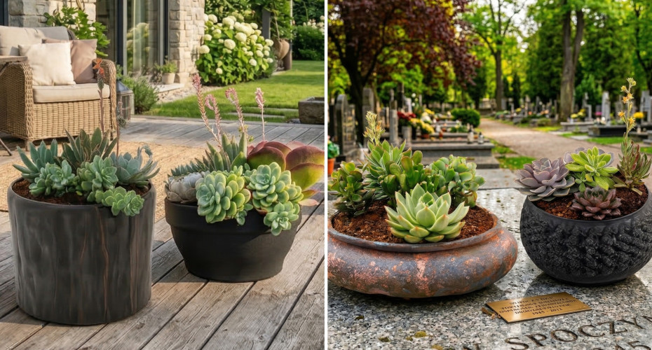 Kompozycje z sukulentów – piękne, trwałe i wyjątkowo łatwe w pielęgnacji. Idealne do donic i na cmentarz