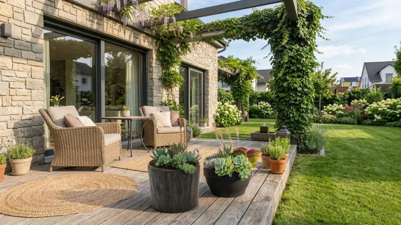 Sukulenty w donicach na tarasie przy domu aranżacja ogrodu