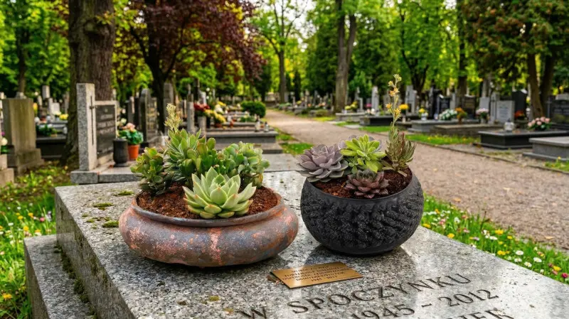 Sukulenty jako dekoracja grobu kompozycja roślin na cmentarzu