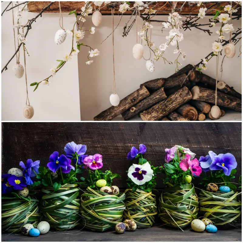 Wielkanocna dekoracja na kominek i bratki w aranżacji