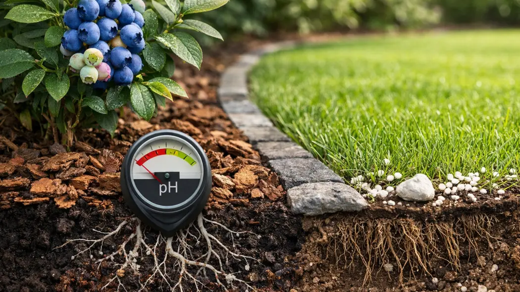 Borówka słabo rośnie obok trawnika