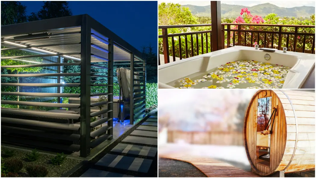 Spa w ogrodzie. Jacuzzi w altanie nocą, jacuzzi na balkonie z płatkami kwiatów i ogrodowa sauna.