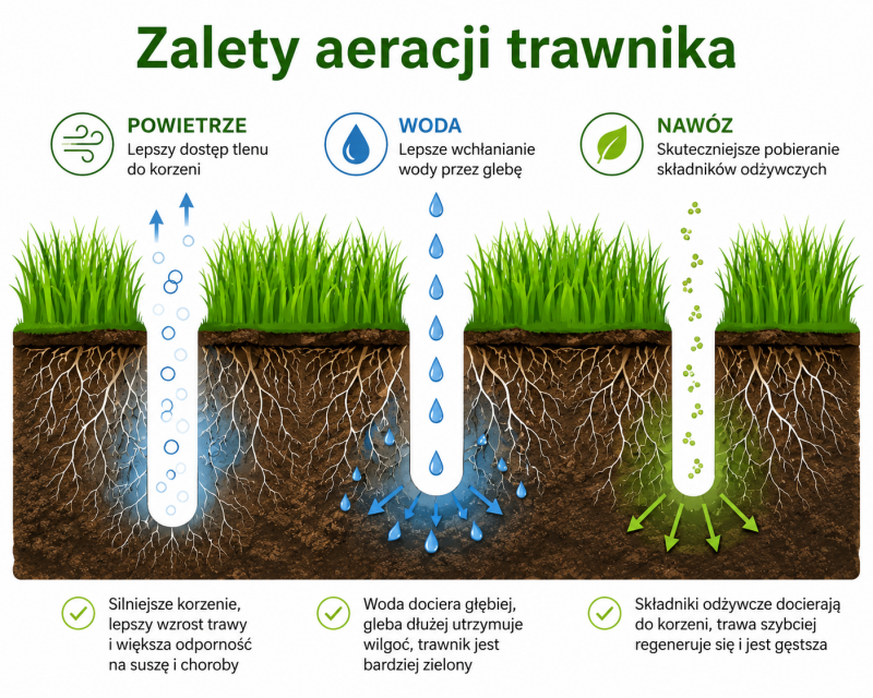 Aeracja trawnika poprawia dostęp powietrza, wody i nawozów do korzeni