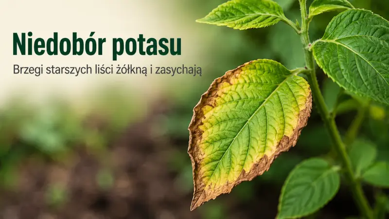 Niedobór potasu – brzegi starszych liści żółkną i zasychają