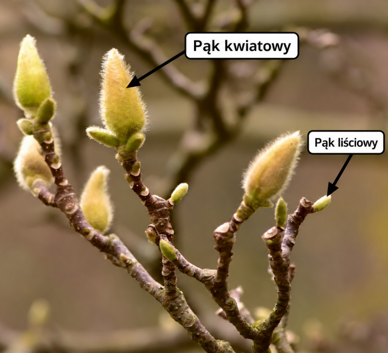 Pąki kwiatowe i liściowe magnolii